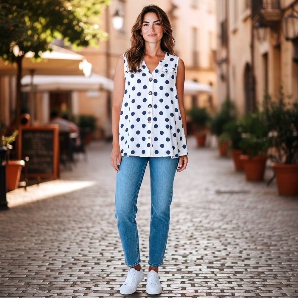 Ember Women White Navy Polka Dot Sleeveless Ruffle Button Down Top Large STA0950